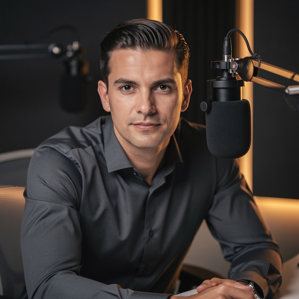 Confident Belgian media host looking directly into the camera during a studio interview