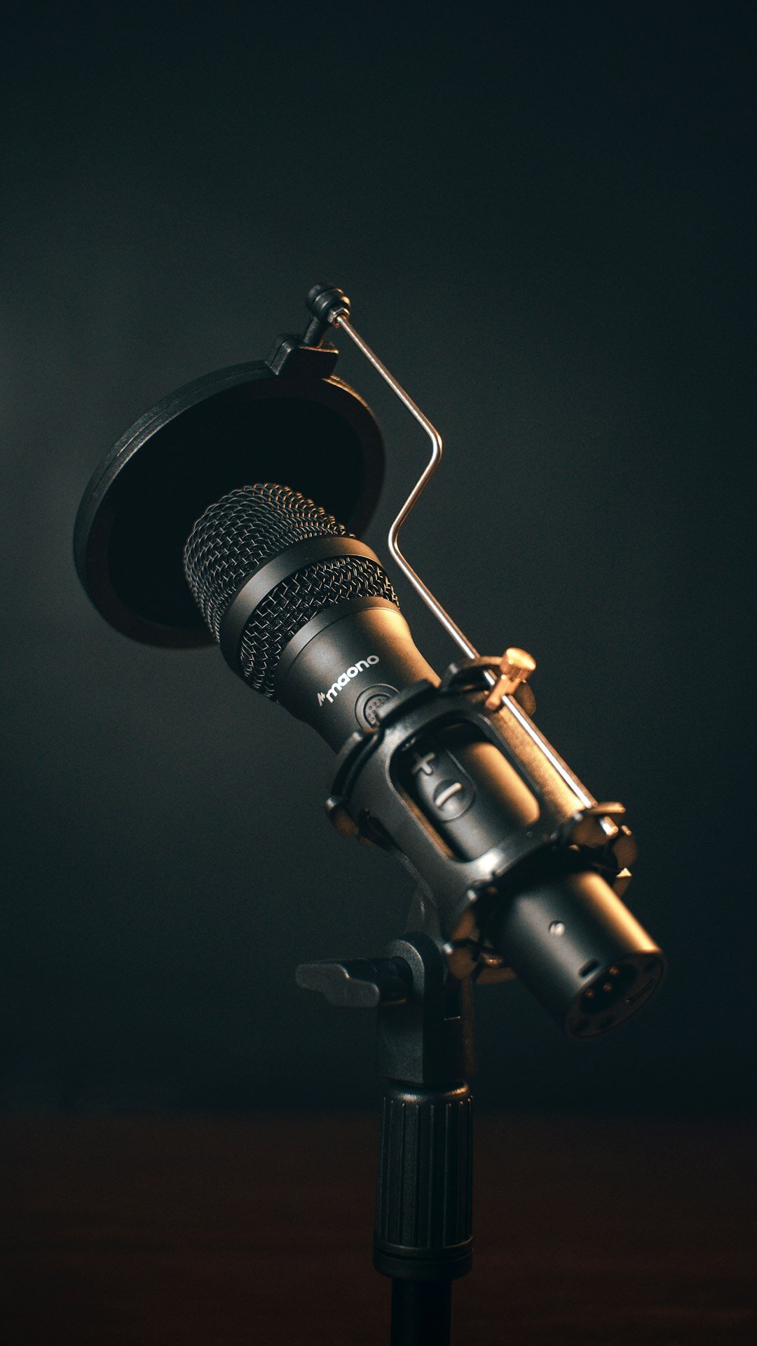 Professional broadcast studio setup with a microphone, camera and warm studio lighting